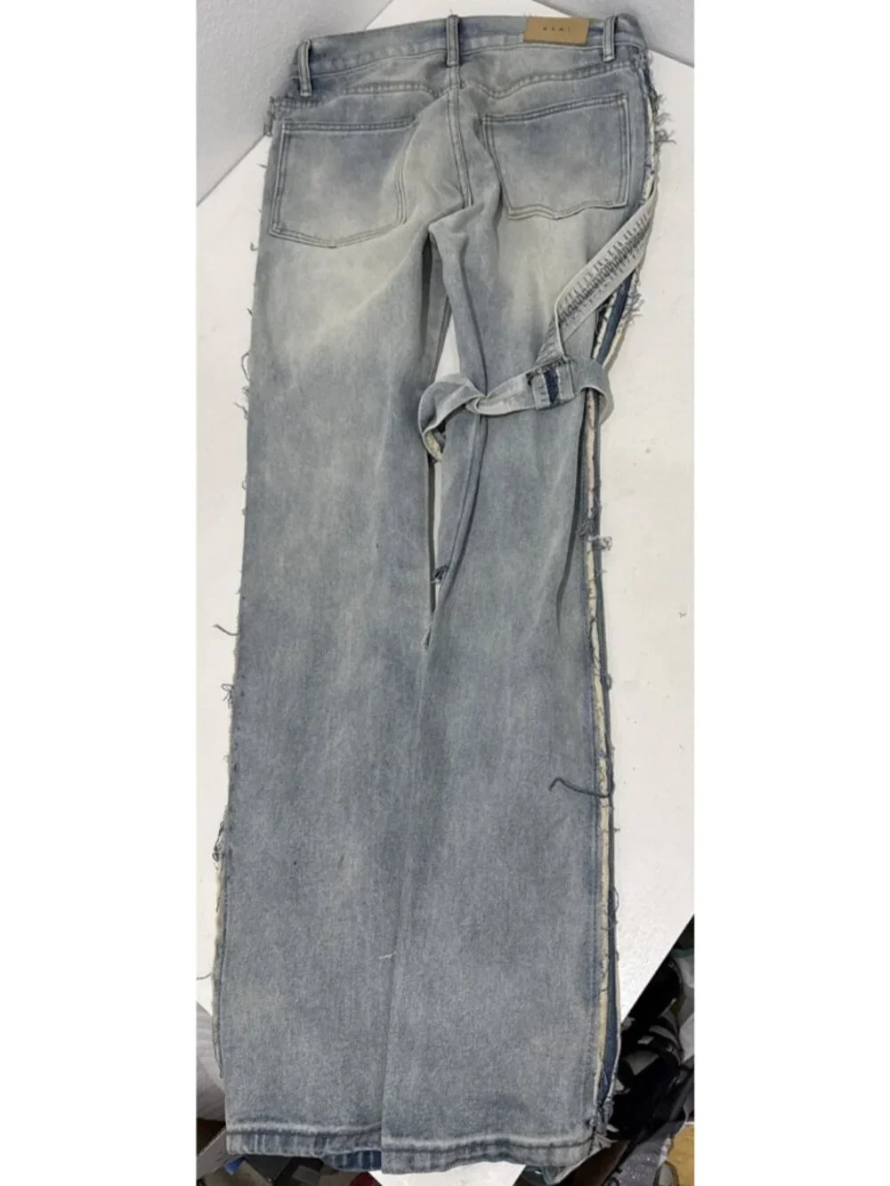 mnml Streetwear Torn Ripped Shredded Flared Light Wash Jeans Mens Size 33X36